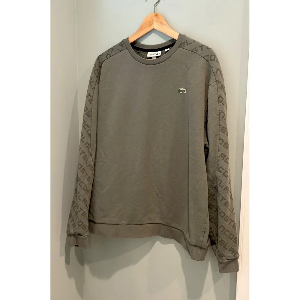 Lacoste Sport Mens XXL Olive Green Logo Tape‎ Sleeve Fleece Crewneck Sweatshirt